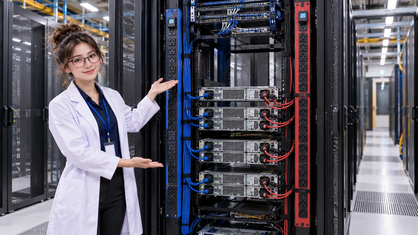 DataCenterTwin Nerd Girl presents servers connected to separate A and B rack power distribution units.