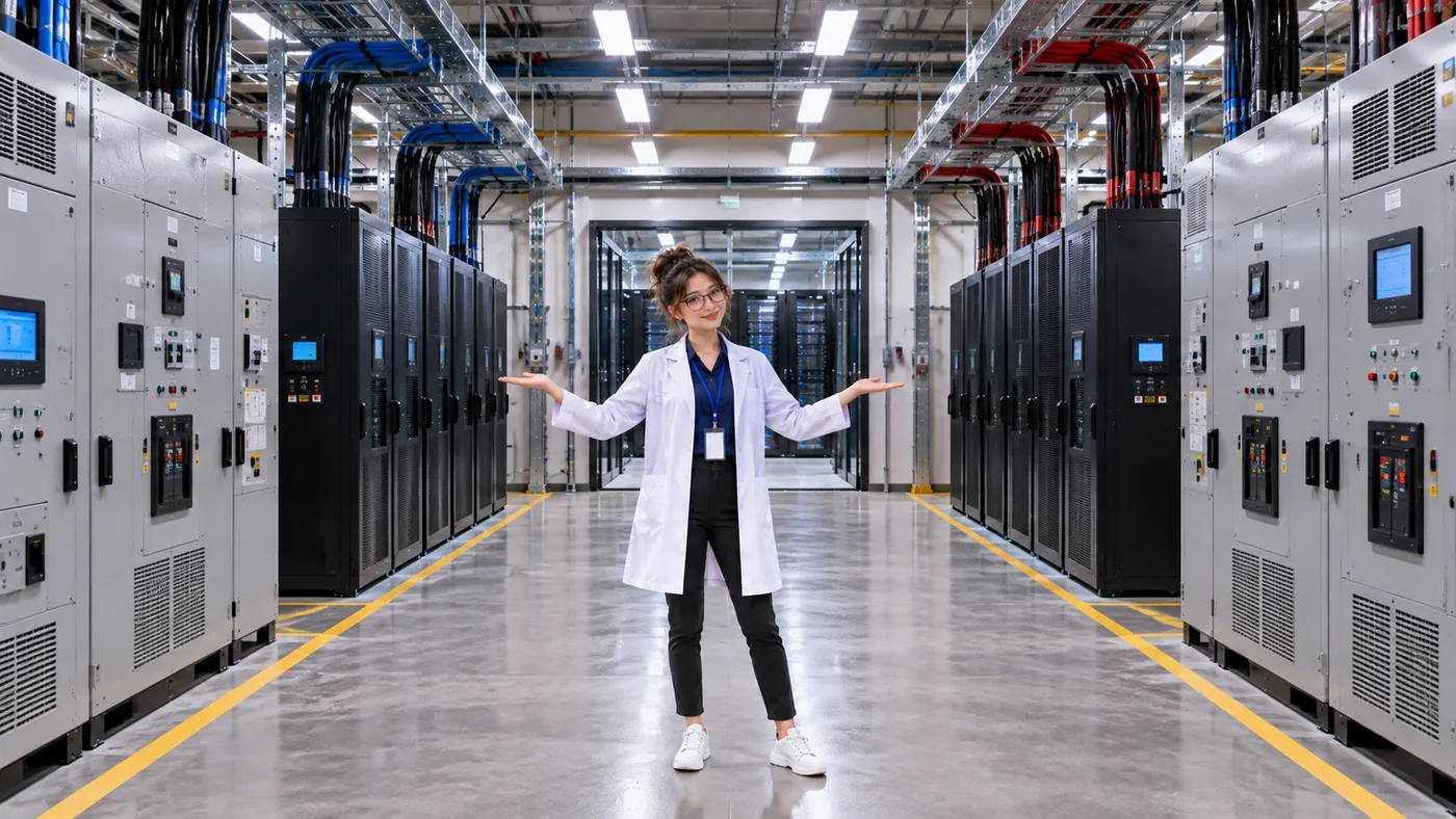 DataCenterTwin Nerd Girl stands between two distinct facility power distribution paths with separate equipment lineups and overhead cabling.