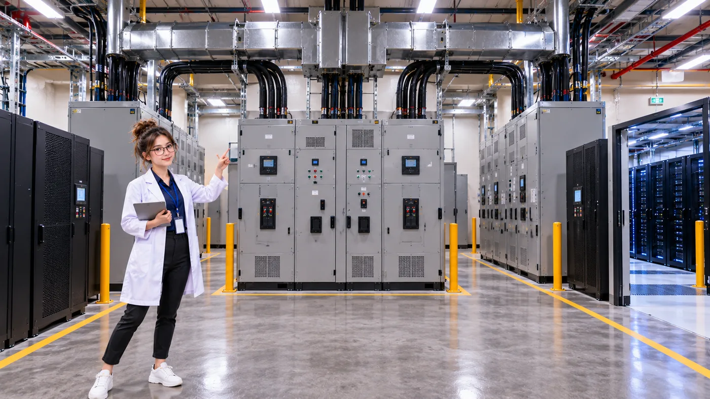 DataCenterTwin Nerd Girl presents two UPS and PDU power paths that appear separate below a shared upstream electrical lineup.