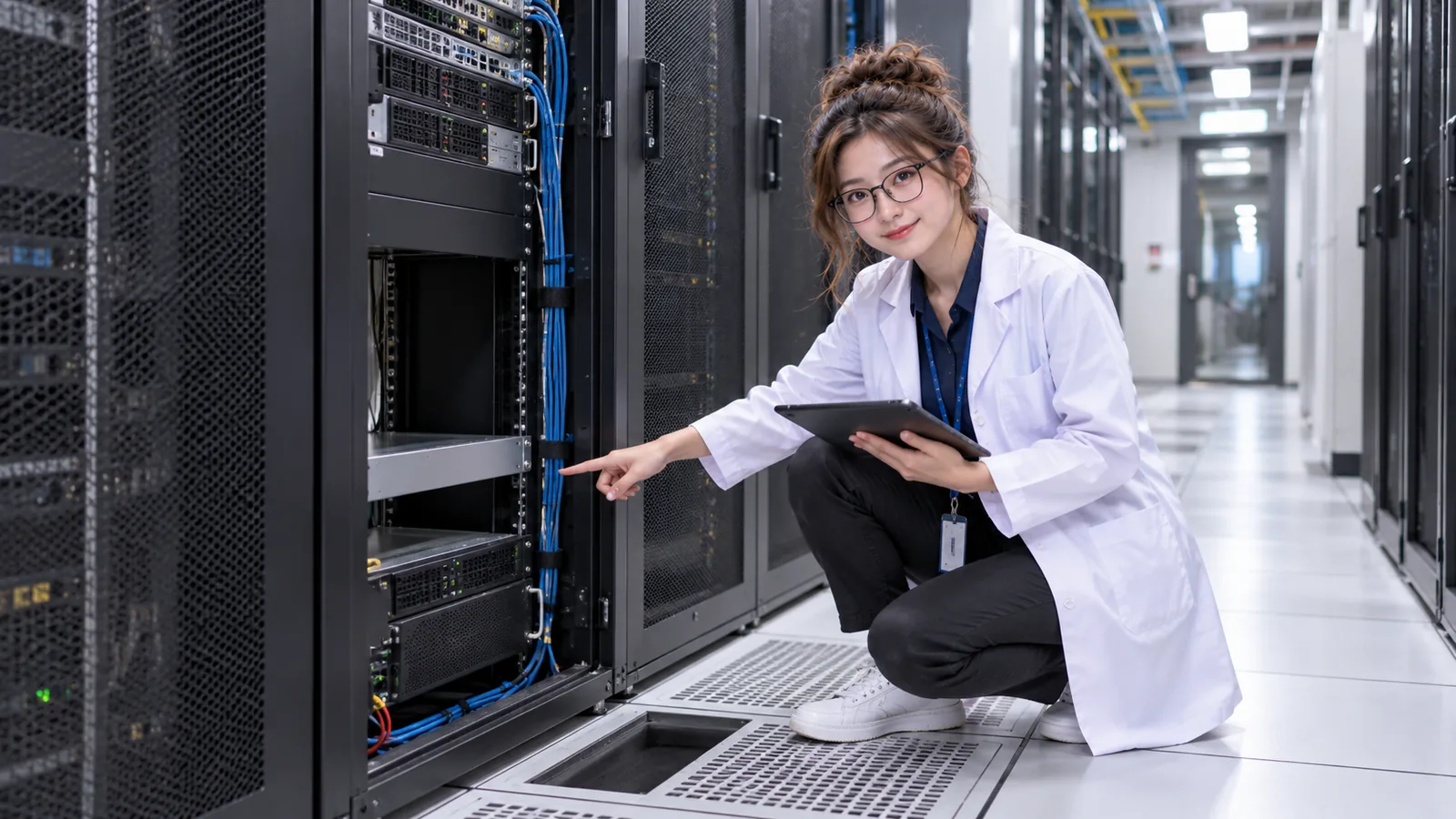 DataCenterTwin Nerd Girl inspects a server rack while presenting airflow paths.