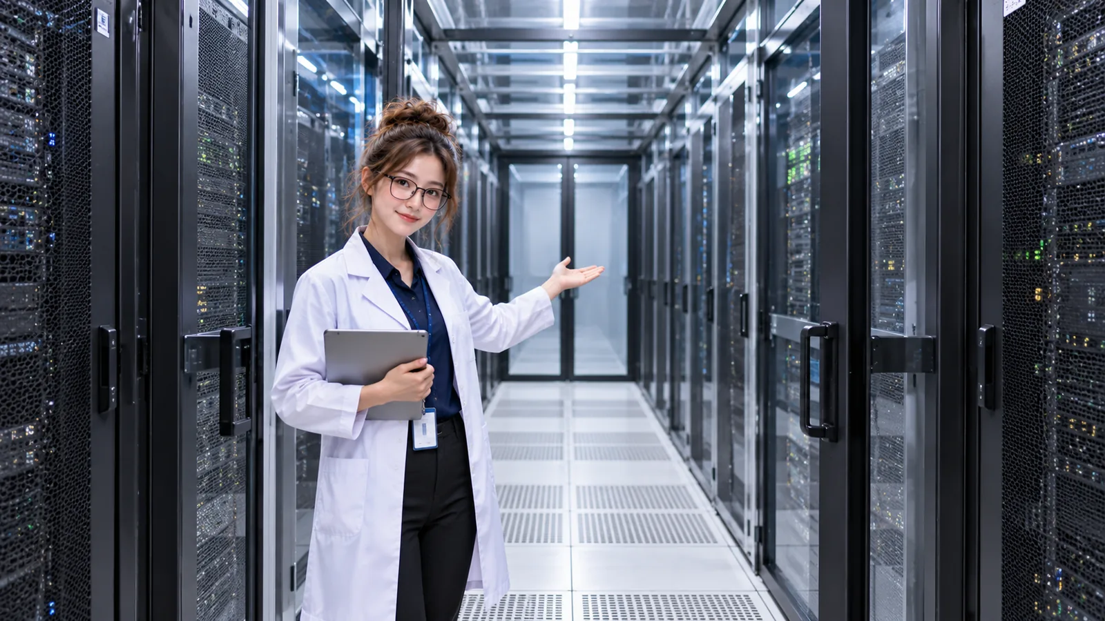 DataCenterTwin Nerd
Girl presents a server aisle with rack fronts facing the cold supply-air path.
