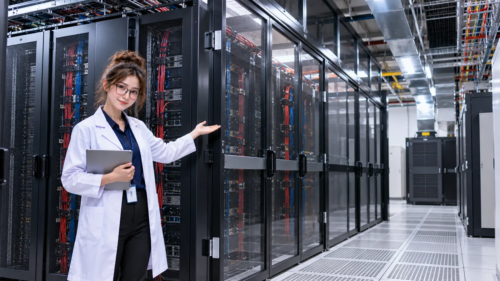 DataCenterTwin Nerd Girl inspects rack equipment beside a raised floor and server
airflow path.