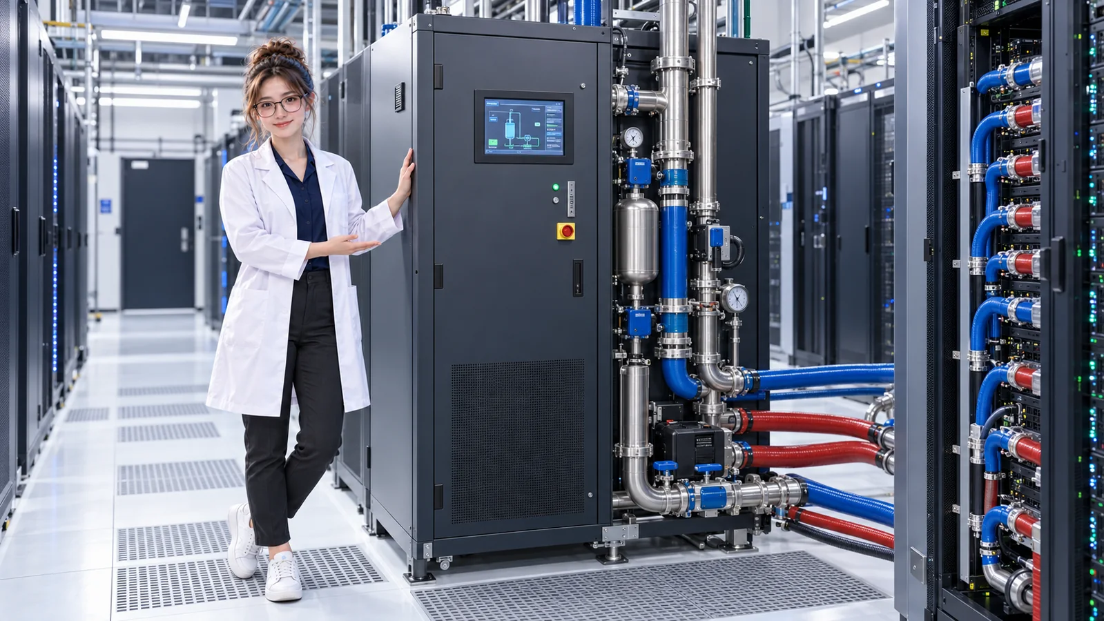 DataCenterTwin Nerd Girl presents a coolant distribution unit cabinet connected to server racks and liquid piping.