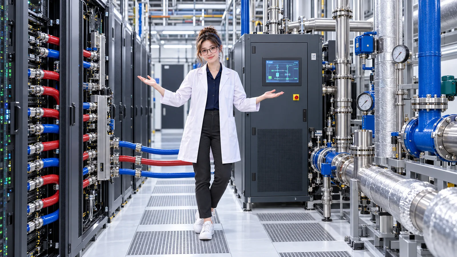 DataCenterTwin Nerd Girl stands between liquid-cooled server racks and larger facility pipes connected to a CDU.