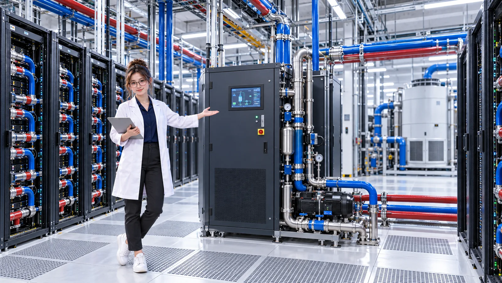 Wide data-center view showing server racks, a CDU cabinet, pumps, and facility piping along one liquid-cooling system path.