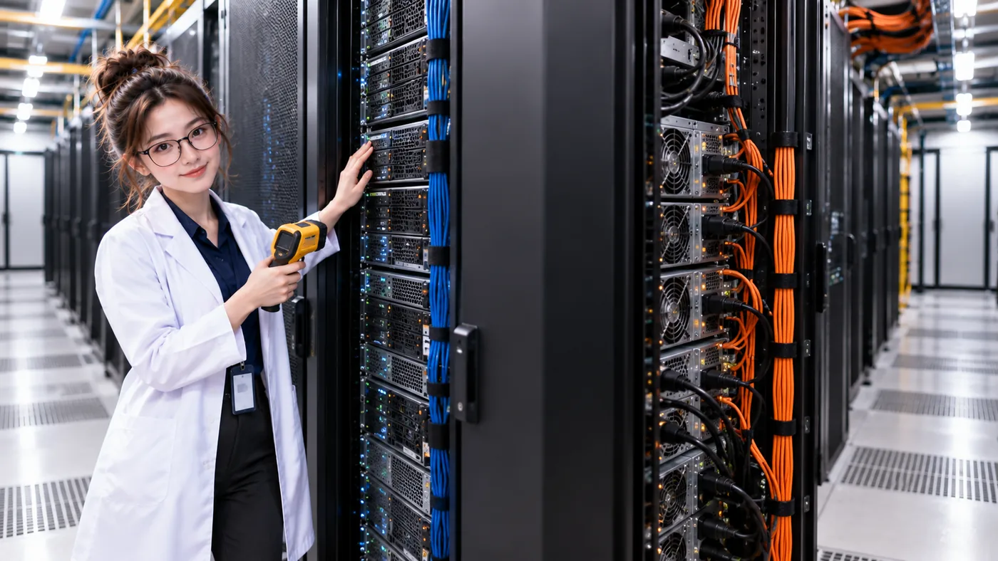 A technician uses a handheld thermal inspection camera beside a server rack and its internal fans.