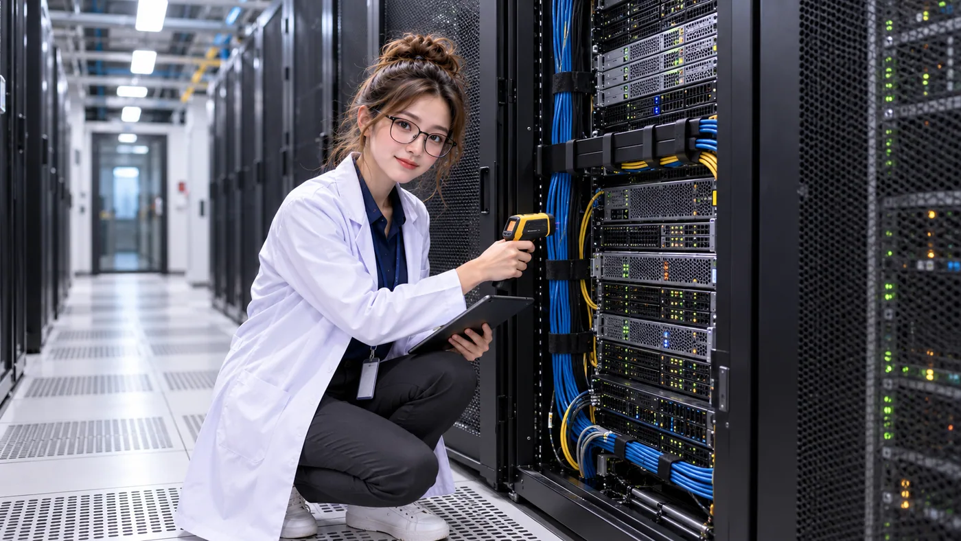 DataCenterTwin Nerd
Girl uses a thermal measurement instrument to inspect a rack in a server aisle.