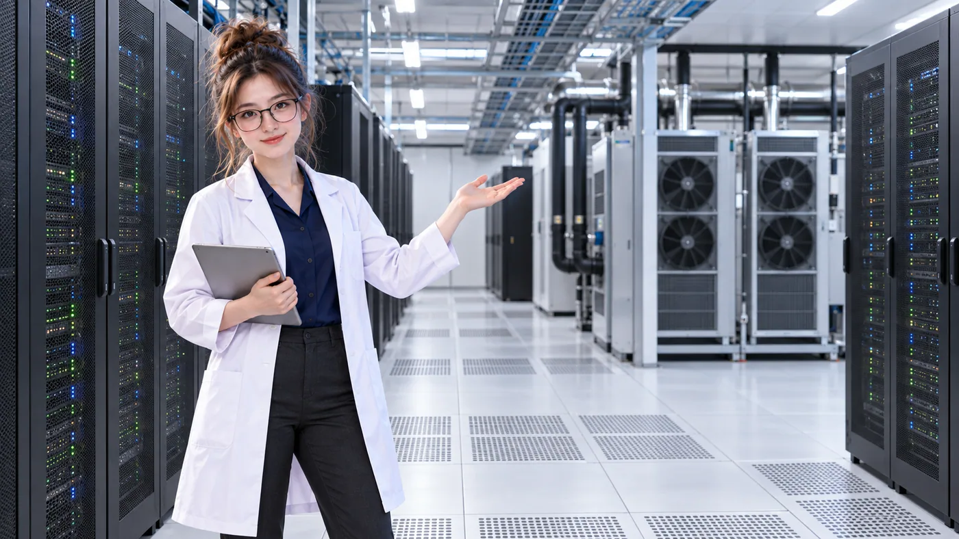 DataCenterTwin Nerd Girl presents server racks and cooling equipment in a data hall.