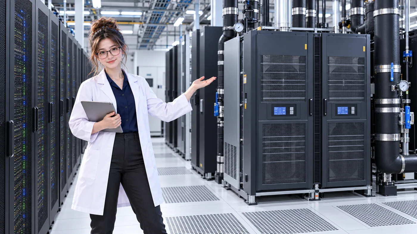DataCenterTwin Nerd Girl presents two large cooling units beside operating server racks.
