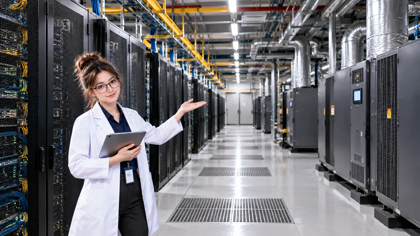 A wide view of a data center corridor with multiple server racks and facility cooling equipment along the room.