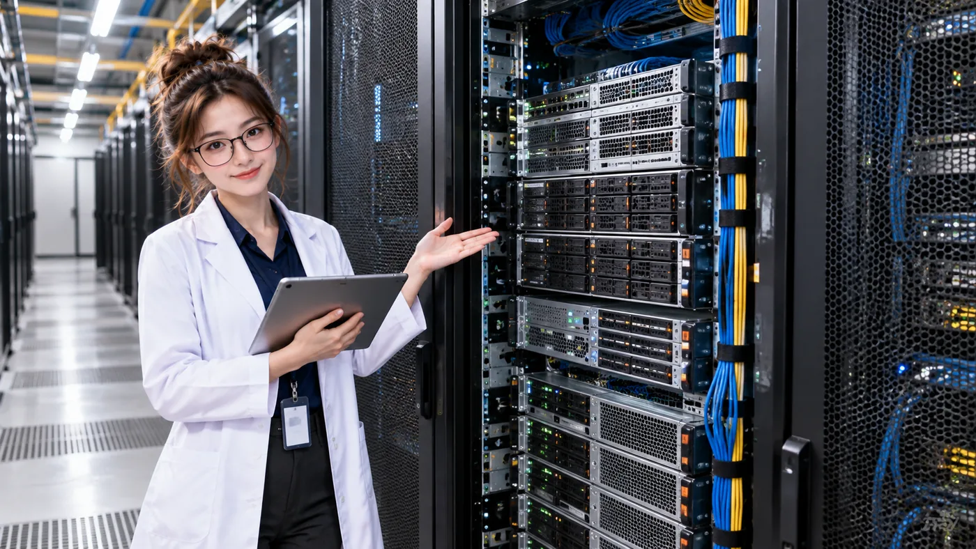 DataCenterTwin Nerd Girl presents operating servers in a data center rack.