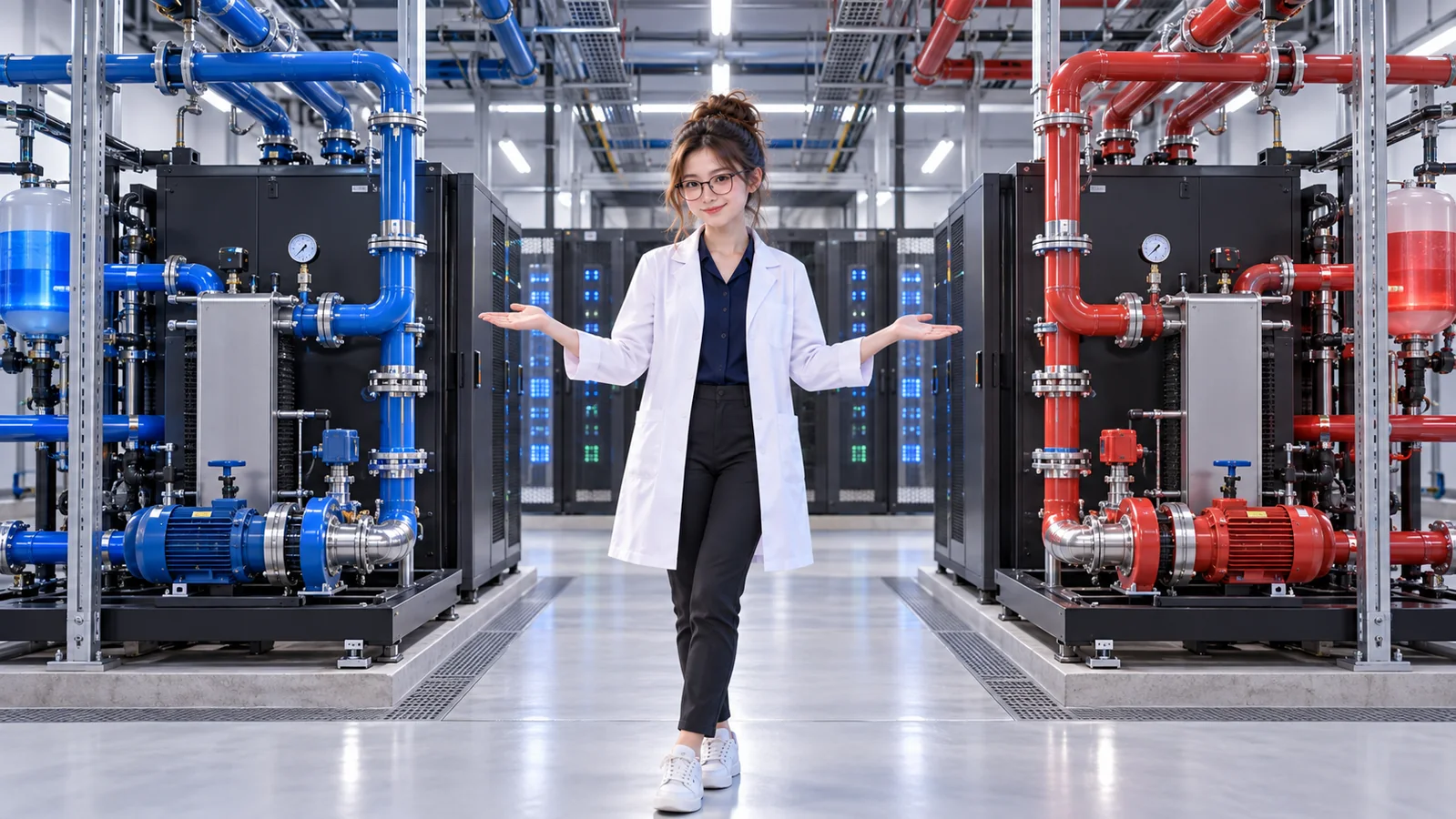 DataCenterTwin Nerd Girl stands between two cooling systems with separate blue and red piping.
