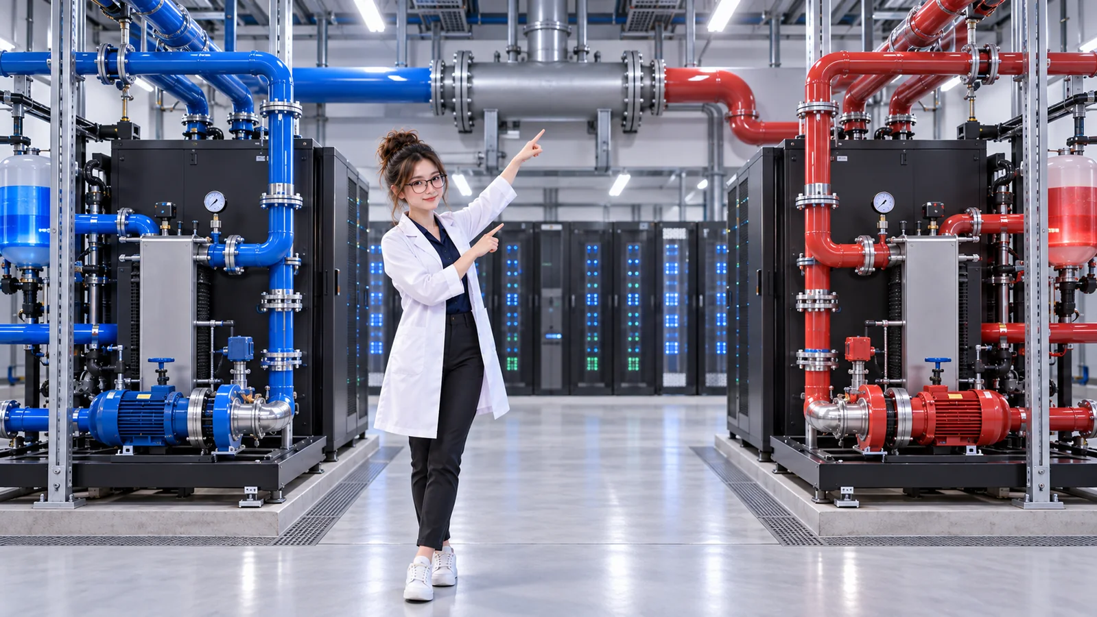 DataCenterTwin Nerd Girl points toward a large common metal header connected to red and blue piping and separate cooling equipment.
