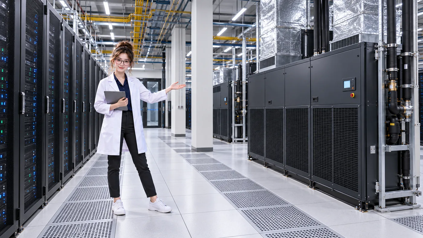 Precision cooling equipment stands beside server racks in a data center.
