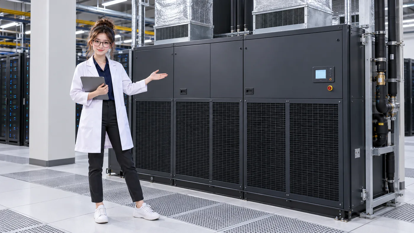 Server racks and precision cooling equipment share a data hall, providing context for the return-air and supply-air loop.