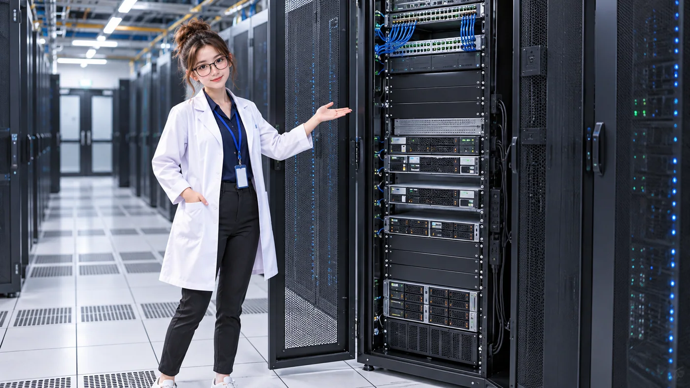 A wide data center aisle shows a row of server racks with DataCenterTwin Nerd Girl presenting the larger facility layout.