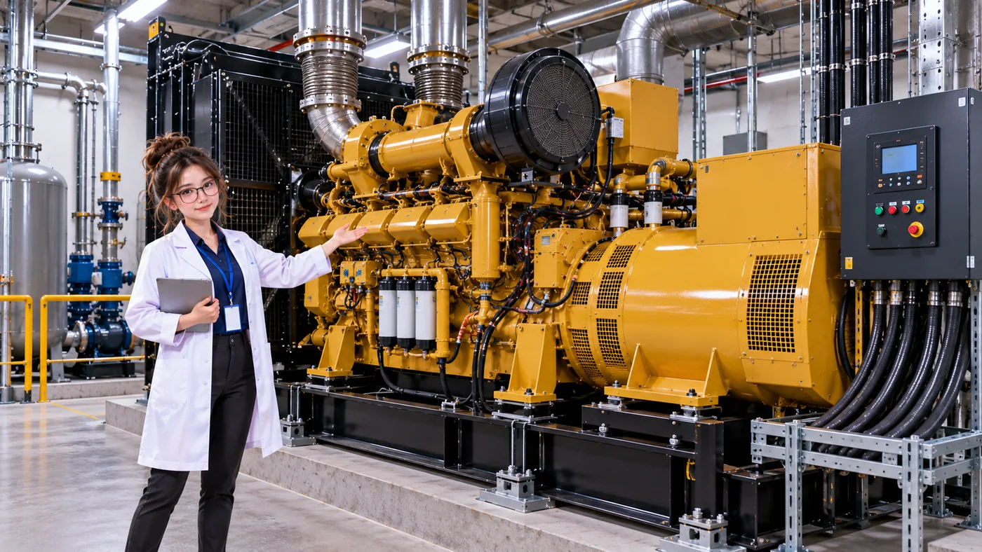 DataCenterTwin Nerd Girl presents a large generator set with its engine, alternator housing, control panel, piping, and support equipment.