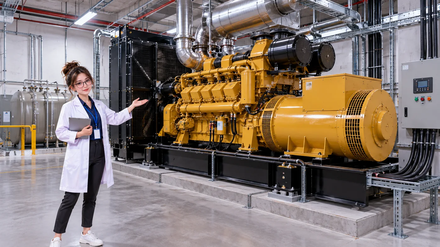 DataCenterTwin Nerd Girl presents a large standby generator set beside facility electrical distribution and a data center room.