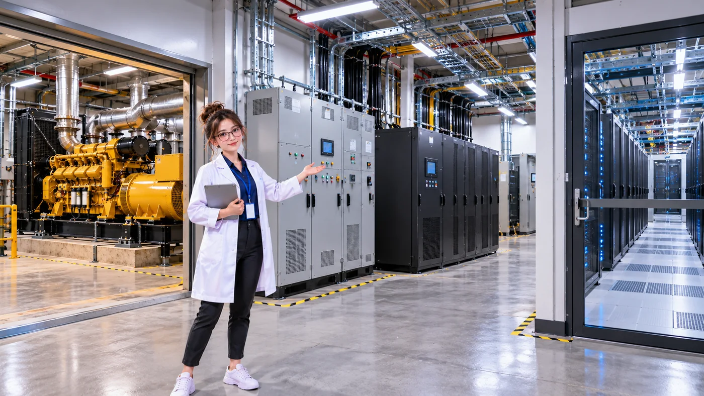 DataCenterTwin Nerd Girl presents a standby generator room beside electrical panels and a protected data center server aisle.