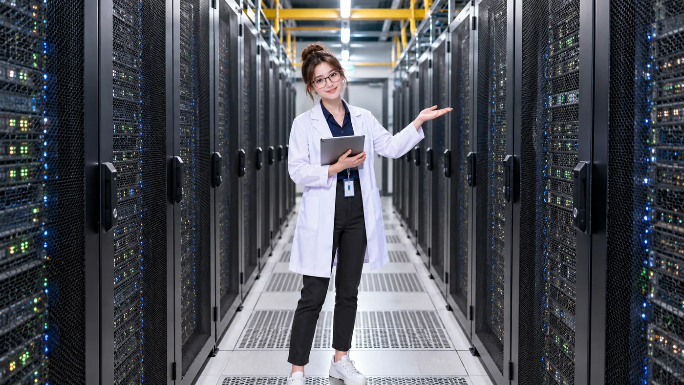 DataCenterTwin Nerd Girl stands beside a server row, showing the fronts of racks that frame a cold aisle.