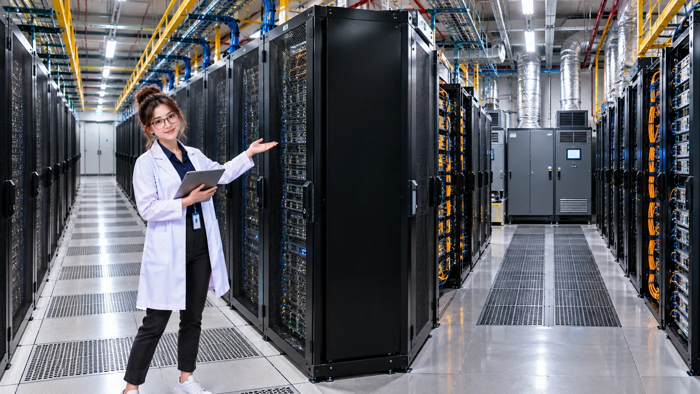 A wide data hall with rows of server racks, overhead services, and separate aisles showing the scale of facility airflow.
