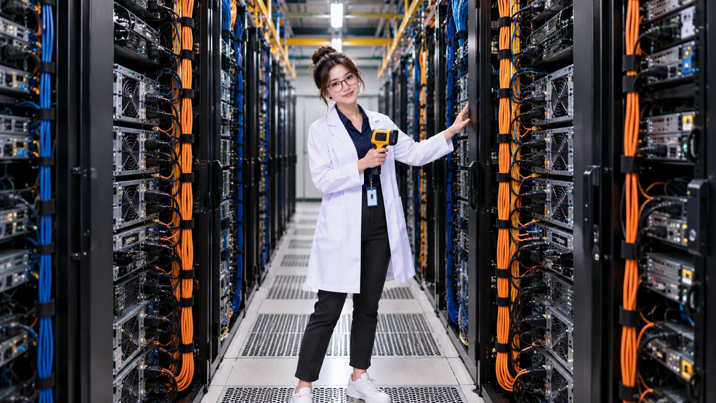 DataCenterTwin Nerd Girl inspects a server row where the rear exhaust sides of equipment face a hot aisle.