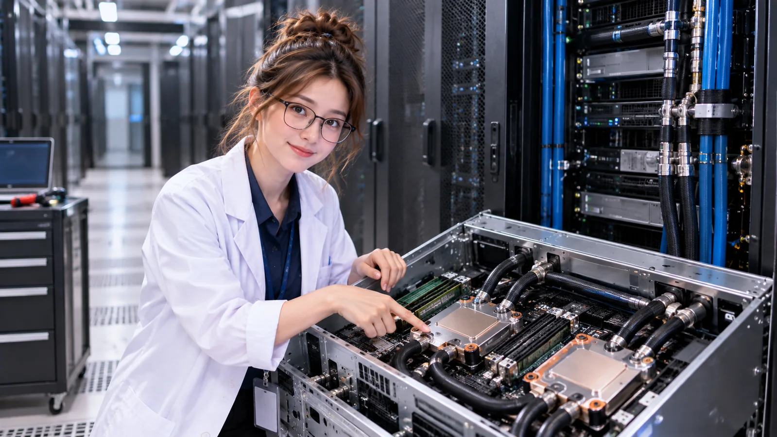 DataCenterTwin Nerd Girl presents cold plates and red and blue coolant tubing inside a liquid-cooled server rack.