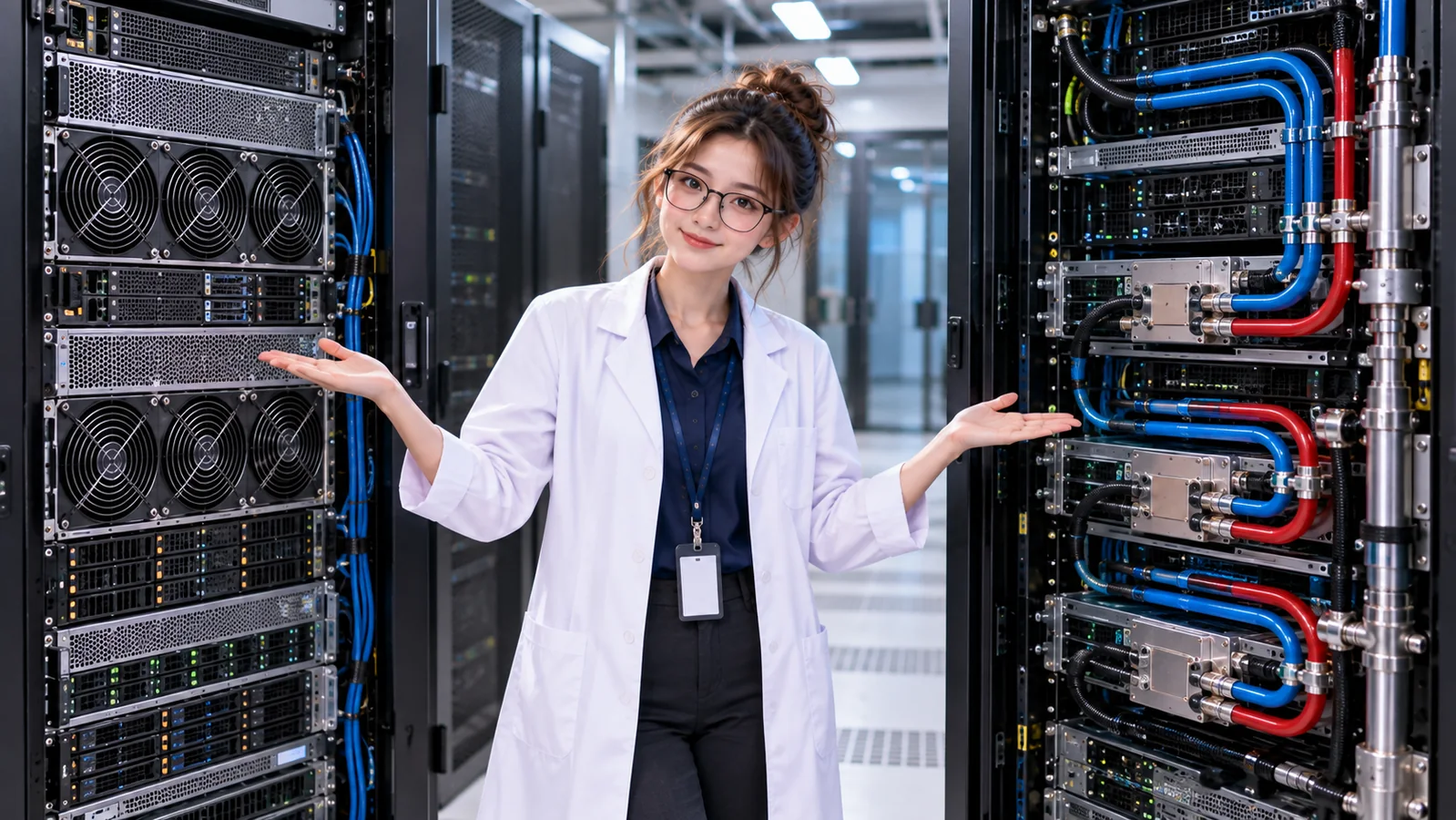 DataCenterTwin Nerd Girl stands between an air-cooled server rack and a rack with visible liquid cooling pipes.