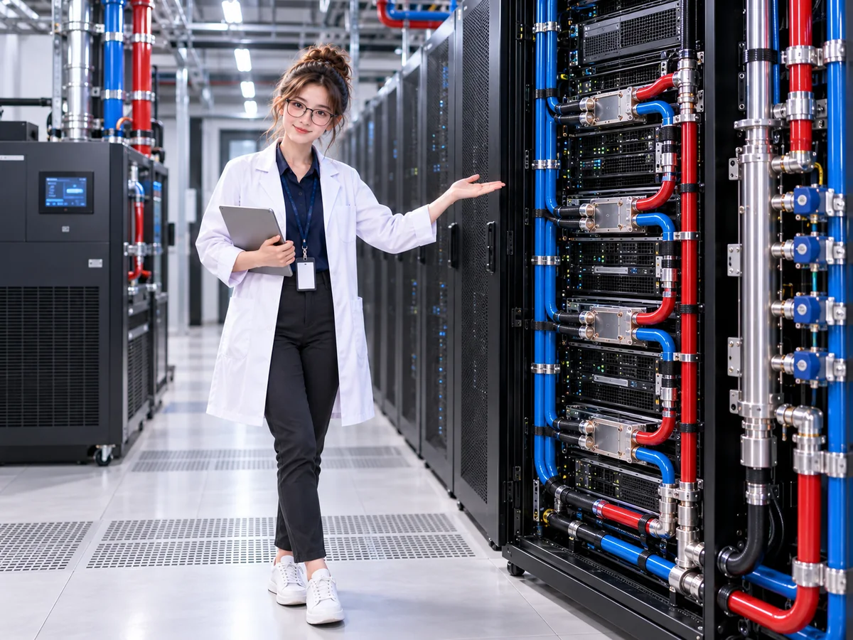 DataCenterTwin Nerd Girl stands beside a high-density AI rack with visible blue and red liquid supply and return lines.