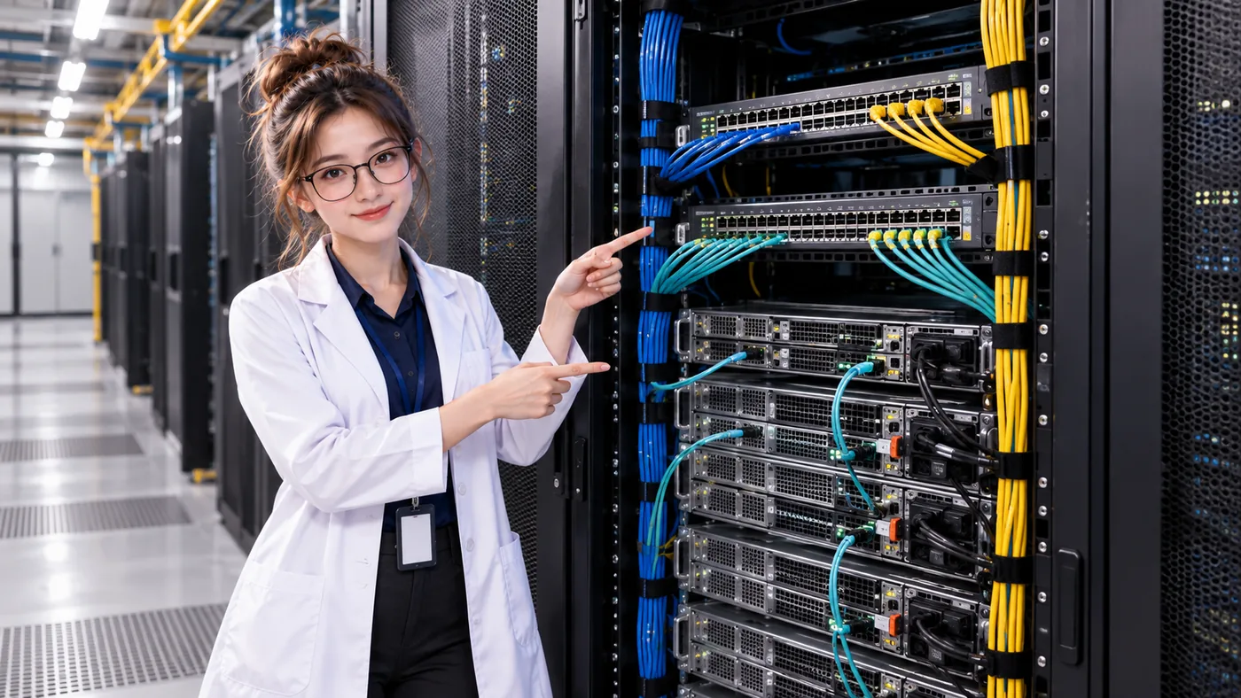 DataCenterTwin Nerd Girl presents server racks with separate blue and yellow network cable routes.