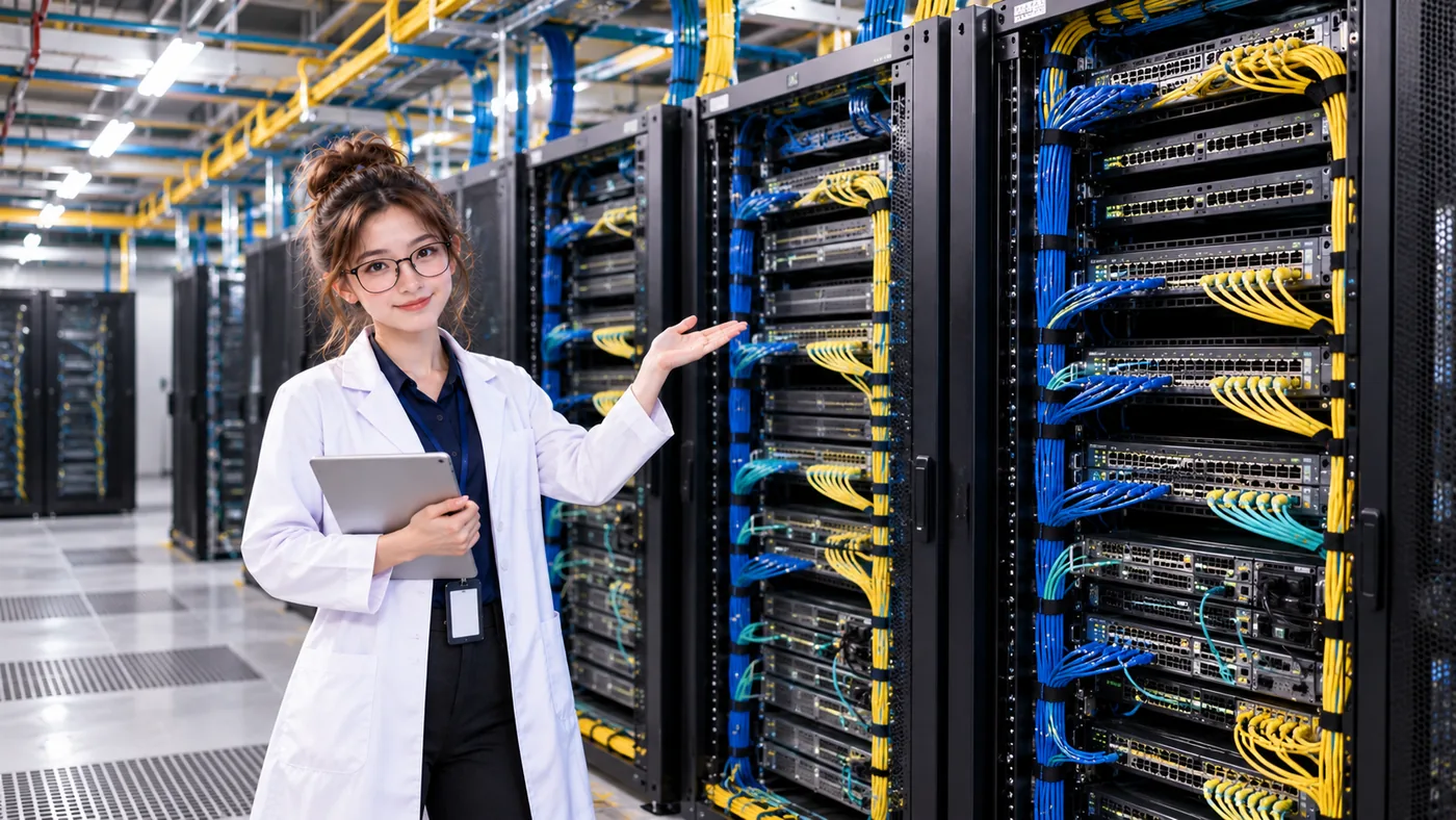 DataCenterTwin Nerd Girl presents two network racks with multiple blue and yellow cabling paths.