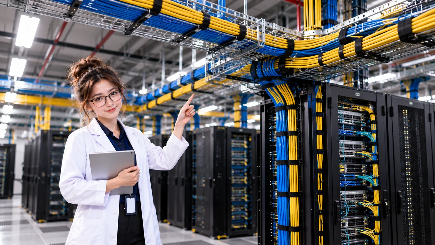 DataCenterTwin Nerd Girl points to network switches and bundled blue and yellow cables routed together in a rack.
