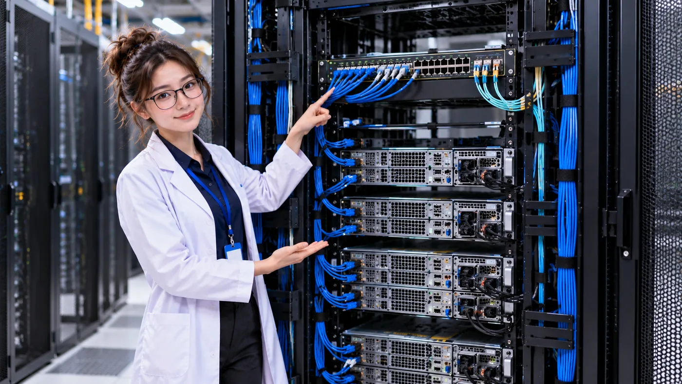 DataCenterTwin Nerd Girl points toward network equipment and organized blue and light-colored cables at the rear of rack servers.
