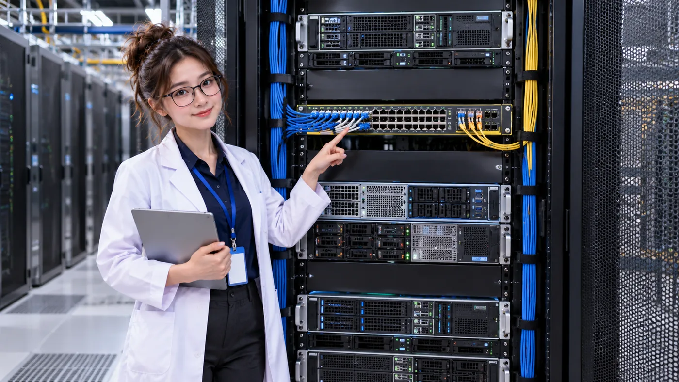 DataCenterTwin Nerd Girl points out a rack-mounted Ethernet switch with many connected network ports.