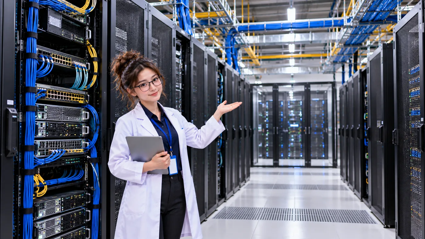 DataCenterTwin Nerd Girl presents rows of data center racks and a connected network equipment rack within a larger server room.