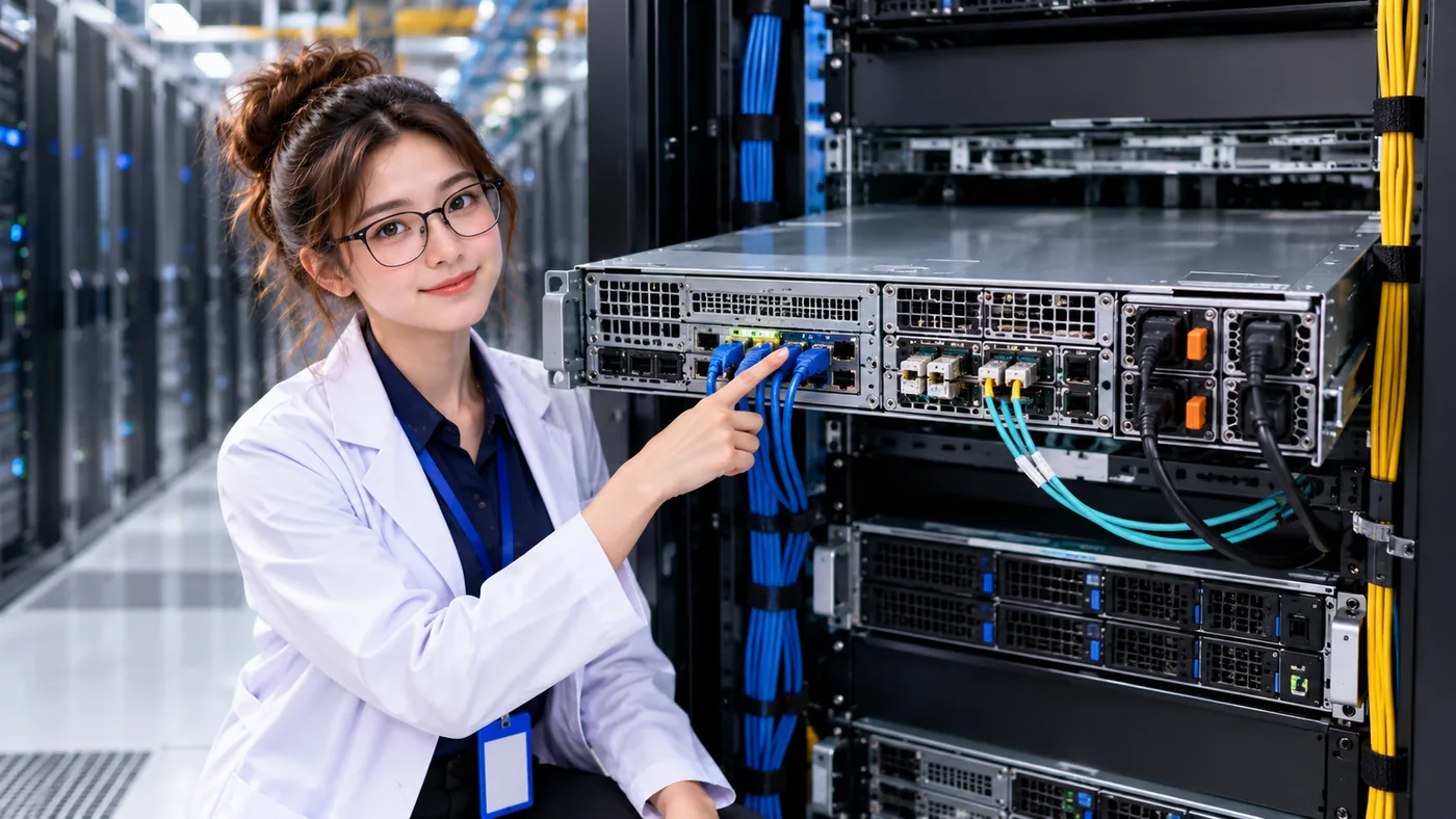 DataCenterTwin Nerd Girl points toward network interfaces and connected cables on rack-mounted server equipment.