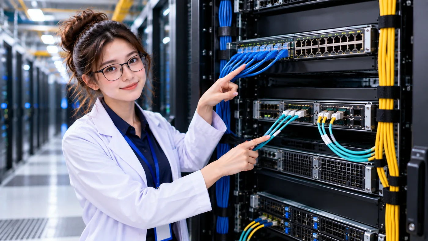 DataCenterTwin Nerd Girl shows connected blue copper Ethernet cables and light-colored fiber links at network equipment in a server rack.