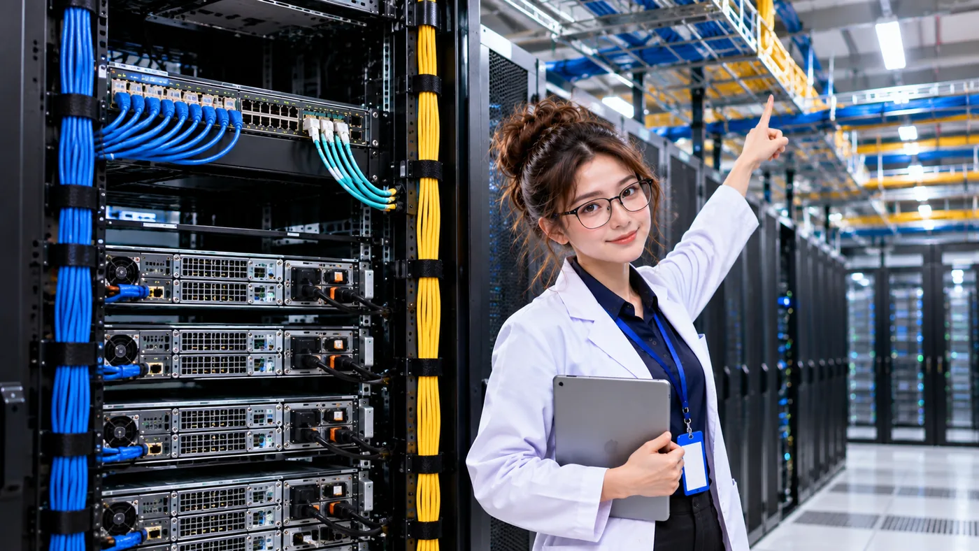 DataCenterTwin Nerd Girl presents a server rack and organized network cabling extending into rows of data center equipment.