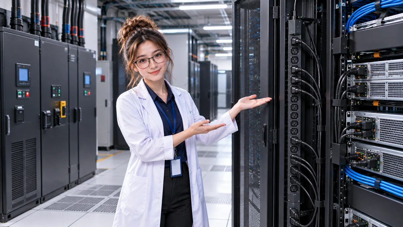 DataCenterTwin Nerd Girl presents a rack PDU and several servers, with power cables connecting the outlets to IT equipment.