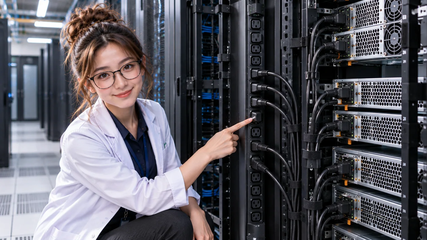 DataCenterTwin Nerd Girl points to a rack PDU between upstream facility equipment and the servers it powers.