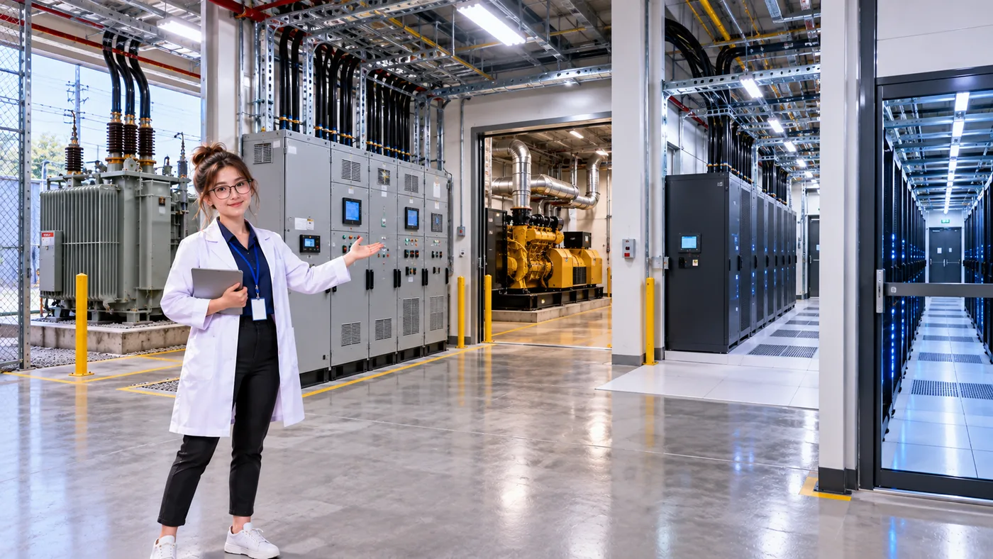 DataCenterTwin Nerd Girl presents utility and
switchgear infrastructure beside the generator room and a data center server hall.