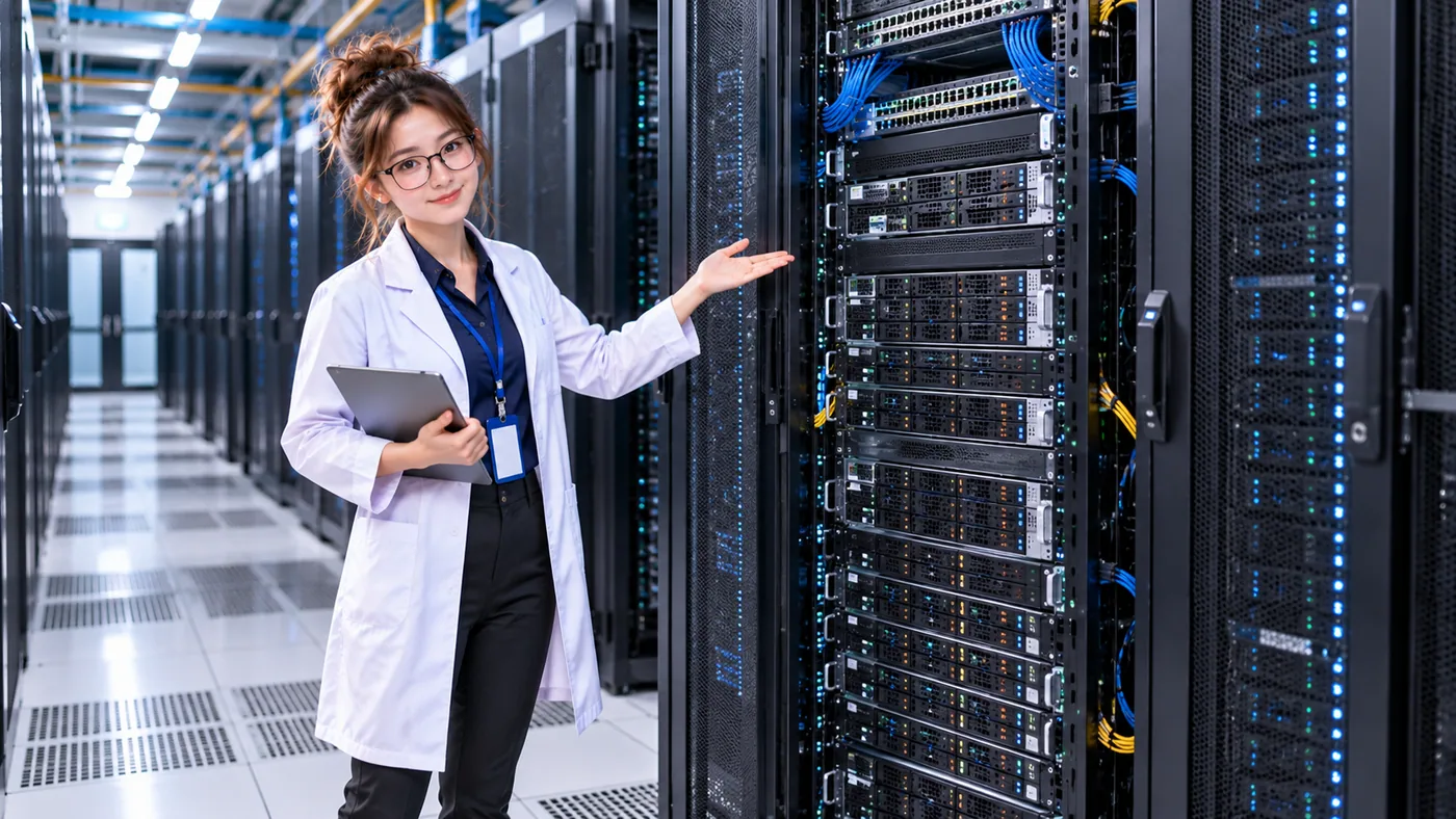 DataCenterTwin Nerd Girl presents an individual rack-mounted server pulled partway out of a rack.