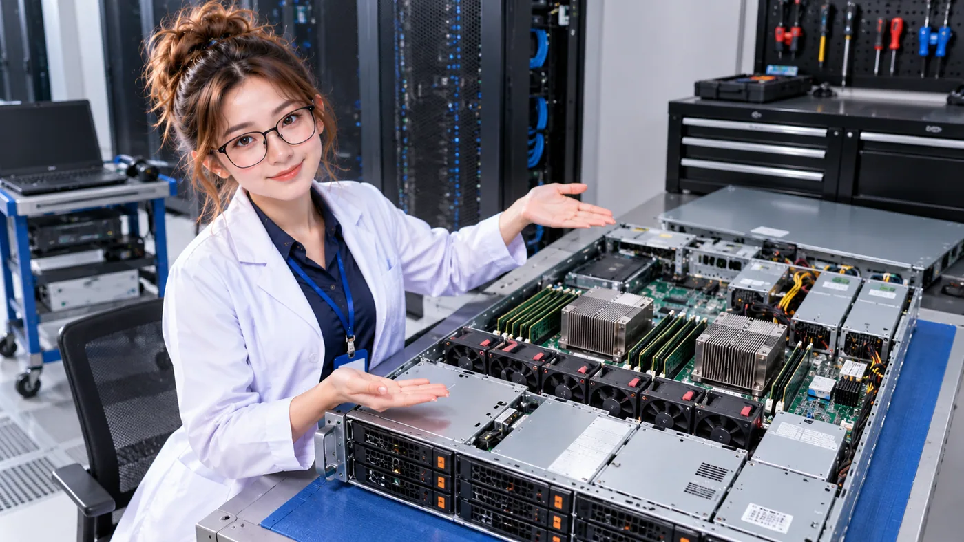 DataCenterTwin Nerd Girl presents an opened rack server with cooling fans, circuit boards, memory modules, and internal components visible.
