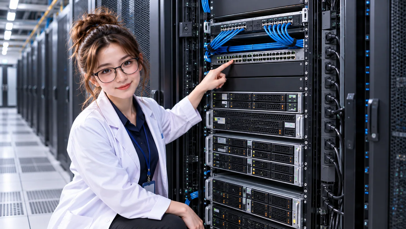 DataCenterTwin Nerd Girl points out network switches, blue structured cables, and rack-mounted servers inside an open server rack.