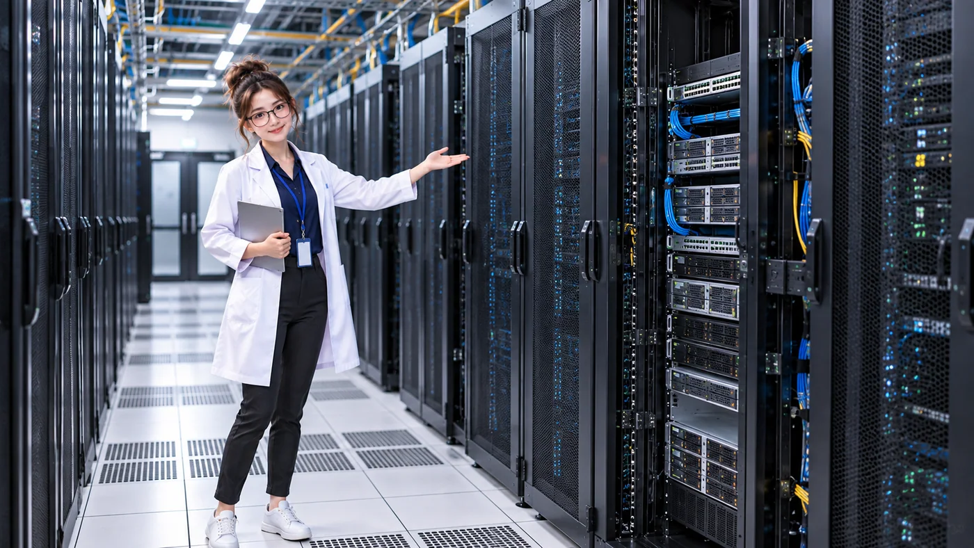 DataCenterTwin Nerd Girl presents a complete open server rack.
