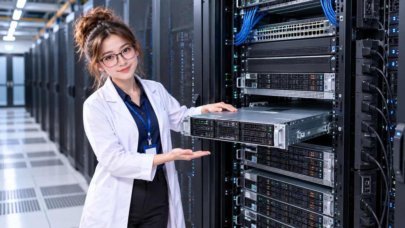 DataCenterTwin Nerd Girl presents a single rack server pulled out in front of the server rack and data center aisle.
