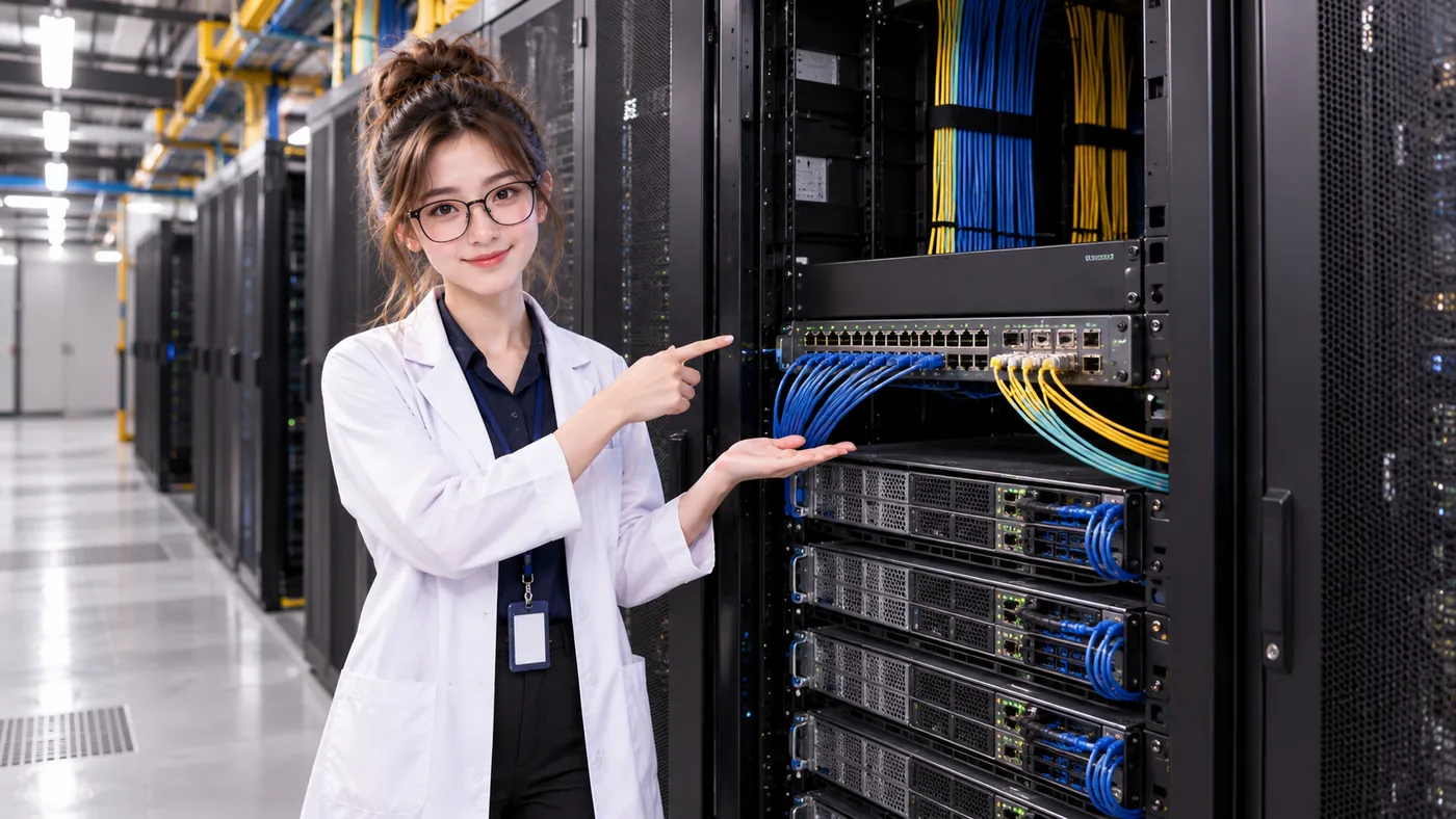 DataCenterTwin Nerd Girl presents a server-room network fabric with rows of leaf and spine switches.