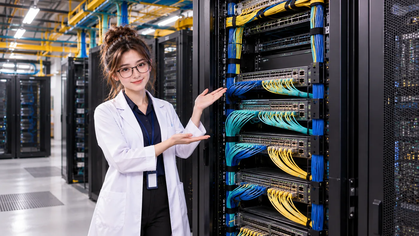 DataCenterTwin Nerd Girl explains network switches and cable bundles inside an
equipment rack.