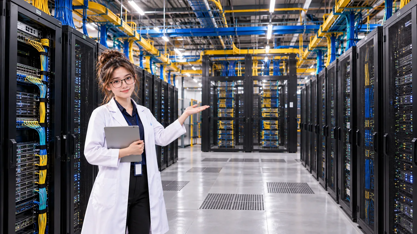 DataCenterTwin Nerd
Girl presents a wide data-center aisle with many network racks and structured overhead cable
routes.