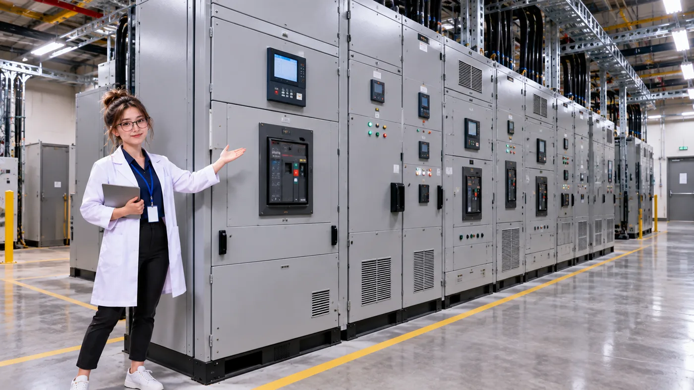 DataCenterTwin Nerd Girl presents a row of
facility switchgear cabinets with control panels, breakers, and status displays.